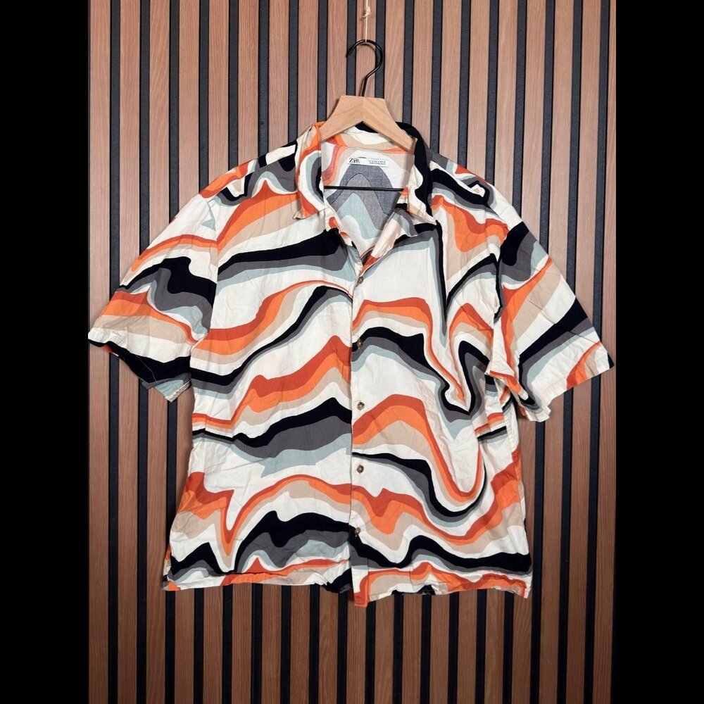 Zara Shirt Medium women's Multicolor Abstract Short Sleeve Button Up Boxy - Picture 1 of 7